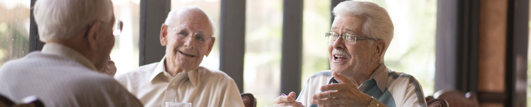 A group of three senior men laughing and talking to one another